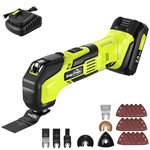 SnapFresh Oszillationswerkzeug Multifunktionswerkzeug 20V Multimaster, 6 Geschwindigkeit 5000-18000RPM, 3,2° Oszillationswinke, zum Schleifen Schneiden Sägen (mit 24 Zubehör, Akku und Ladegerät)