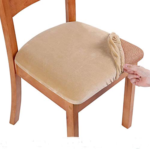 smiry Stretch Chair Seat Covers for Dining Room Velvet Dining Chair Seat Protectors Chair Slipcovers, Set of 4, Beige