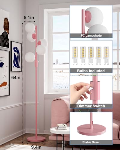 Image of Lightdot Dimmable Globe Floor Lamp, Retro Pink Pole Standing Lamps with 5PCS Bulbs Included, Mid Century Modern Floor Lamp with 5Lbs Heavy Base for Living Room /Bedroom /Sofa Beside /Corner Decor