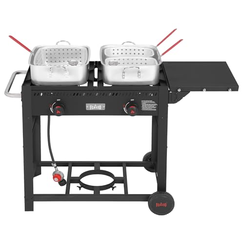 Image of Feasto Outdoor Propane Deep Fryer with Movable Cart, 36 QT 2-Burner Stove | 100,000 BTU Total, 2 x 18QT Aluminum Pots, 1 x 18QT Basket & 2 x 9QT Frying Baskets, Portable Fryer for Fish, Fries & Chicken