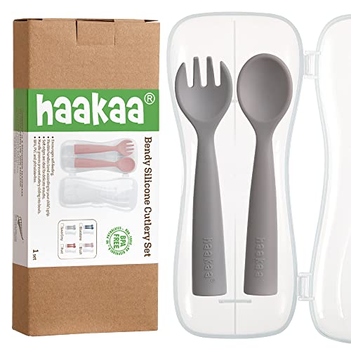 Image of haakaa Toddler Forks and Spoons Set - Bendy Silicone Self Feeding Baby Utensils with Storage Case, SUVA Grey, 12+