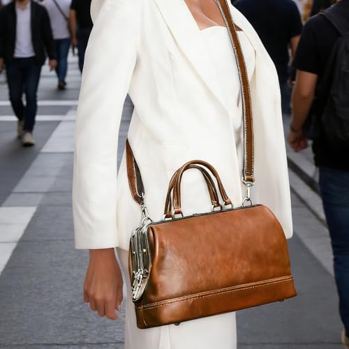 Image of CONTACTS Doctor Bag Purse for Women Luxury Leather Handbag with Lock Shoulder Bag Vintage Top Handle Bag