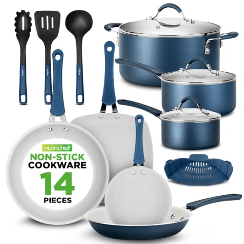 Nutrichef 14-Piece Navy Blue Nonstick Cookware Set
