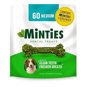 Minties Dental Chews for Dogs, 60 Count, Vet-Recommended Mint-Flavored Dental Treats for Medium Dogs 25-50 lbs, Dental Bones Clean Teeth, Fight Bad Breath, and Removes Plaque and Tartar