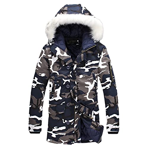 Parka d'hiver homme mi-longue en coton bleu col fourrure de qualité