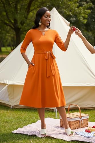 Image of CLOCOR Midi Dresses for Women Casual A-Line Fit and Flare Dress Crewneck 3 /4 Sleeve Keyhole Cocktail Party Church Dress