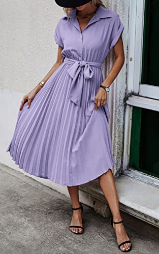 Image of ECOWISH Womens Casual Midi Dresses Solid V Neck Short Sleeve Button Shirt Belted Dress with Pockets for Spring Summer 2026