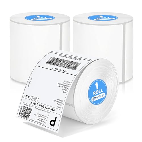 Image of MOREBLUE 4x6 Thermal Label Roll for Shipping 3Roll, 100mm x 150mm (400 Label) Direct Thermal Shipping Labels Sticker Roll | Strong Adhesive Barcode & Address Labels for Courier