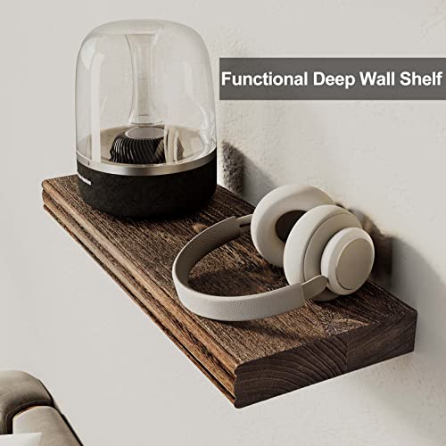 Zgren Floating Shelves Natural Wood Rustic Wide Wall Mounted Shelf 16 Inch Set Of 2 Farmhouse Wooden Shelving Small Decorative Shelf For Bathroom, Bedroom, Kitchen, Living Room Decor, Black Dark Brown #TOP3