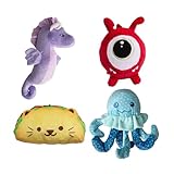 Snugarooz Plush & Crinkle Carnival Bundle for All Dog Breeds – Sea Horse (Purple), Just Jeff (2-in-1 Monster), #tacocat & Jelly the Fish – Soft & Squeaky Sensory Play Set
