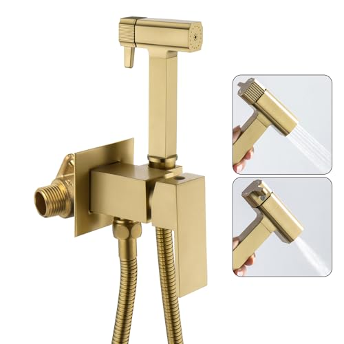 Bidet Handbrause für Toilette Armaturen WC, Bidet Handbrause Set mit Dual-Modus (Jet/Stream) Messing Handbrause Toilette Wandhalterung für Waschbecken Bad Küche, 1.2M Schlauch, Gebürstetes Gold