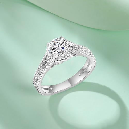TIKJE 18K White Gold Plated Round Cut CZ Halo Engagement Ring, Split Shank Design Fake Diamond Promise Wedding Band Jewelry Gift for Her Size 6-93