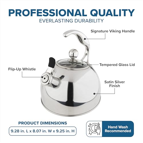 Viking 3-Ply Stainless Steel Tea Kettle, 2.6 Quart Stovetop Hot Water Pot with Tempered Glass Lid, Ergonomic Handle, Induction Ready, Satin Silver by Viking - Image 4