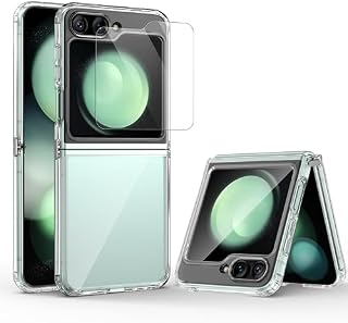 HWeggo Case for Samsung Galaxy Z Flip 5,Clear Slim Phone Case with Outer Screen Protector,Transparent Hard PC Back&Soft TPU Edges,Anti-Scratch Shockproof Protective Cover for Z Flip 5,Full Clear