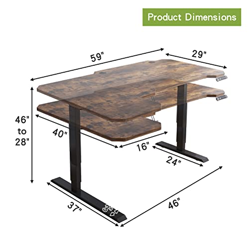 Radlove 59-Inch Large Electric Height Adjustable Computer L-Shaped Desk With Memory Controller Corner Standing Desk Modern Workstation With Splice Board Ergonomic Desk (Black Frame + Rustic Brown Top) #TOP1