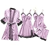 PonPed Conjuntos de Pijama de Seda con Ribete de Encaje para Mujer, 4 Uds., camisón, Pantalones Cortos, camisón, Conjuntos de Ropa de Dormir de satén Sexy (M,Purple)