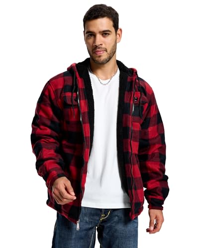 TanBridge Men's Flannel Plaid Jacket Full Zip Fleece Flannel Sherpa Hoodies Heavyweight Fleece Lined Warm Coat