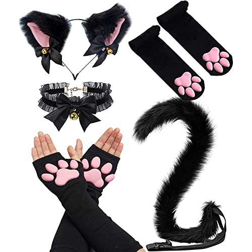 SIROLISA Cat Paw Costume Cute Paw Toe Beans Gloves Socks with Cat Ear Tail Choker Christmas Cosplay Set for Women Girls(Black)
