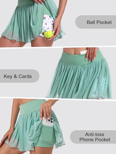 Image of Ibeauti Womens Mini Flowy Skort High Waisted Pleated Tennis Golf Skirts Mesh Ruffler Athletic Skirt with Shorts Pockets