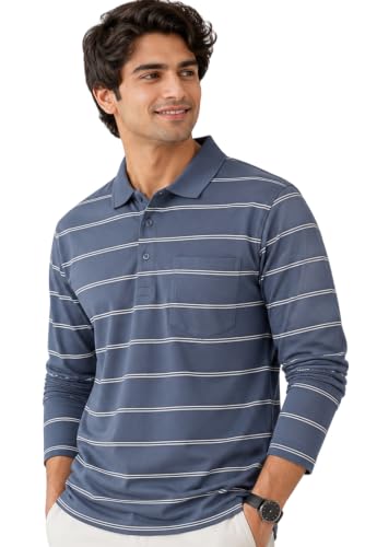 Image of SANE ORIGINALS Full Sleeves Polo Collar Tshirt for Men with Pocket || Stripe Collar and Pocket Tshirt for Men Long Sleeves Navy Blue