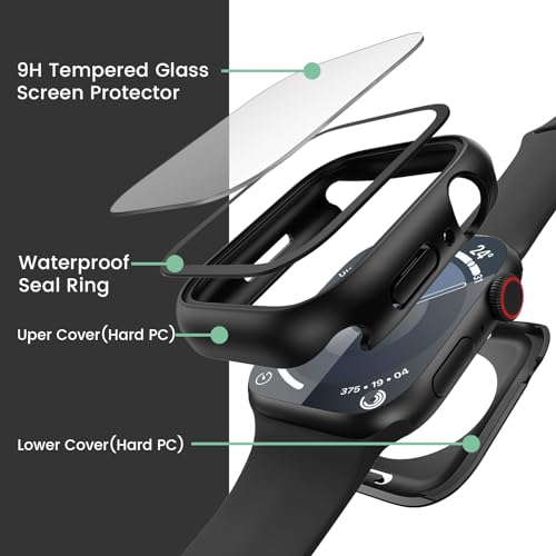 Image of 3 in 1 Goton Waterproof Hard Case for Apple Watch Screen Protector 45mm, 360 Slim Full Protective Tempered Glass Face Cover + Back Hard PC Bumper for iWatch Series 9 /8 /7, 45mm Matte Black