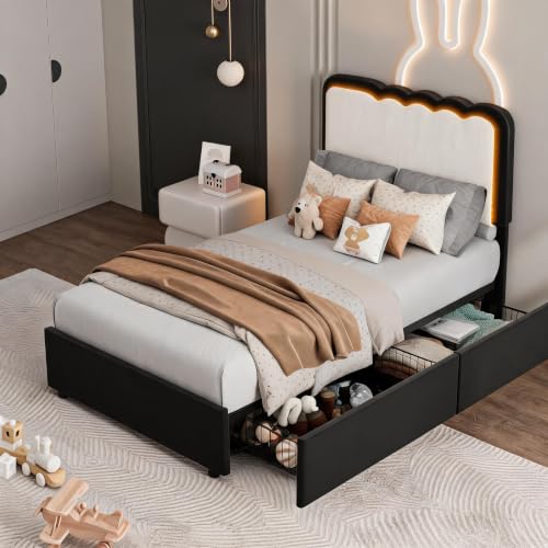 Image of Garvee Irregular Wave LED 2-Drawer Soft Upholstered Bed, Soft Padding