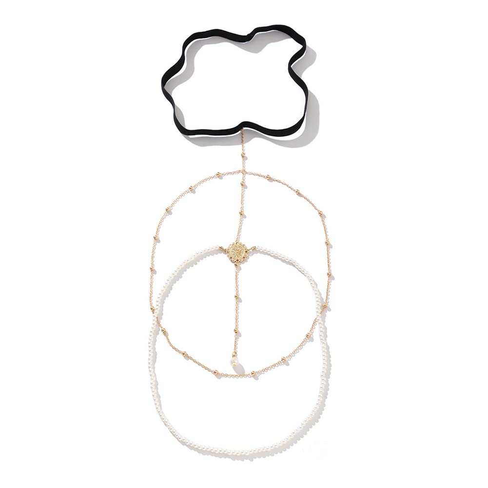 Gold Plated Thigh Chain for Women Fashion Body Jelwery Boho Beaded and Pearl Leg Chain Flower Pendant for Girls Beach Nightclub Date, 17.7&21.6&19.6 in, Alloy, no gemstone