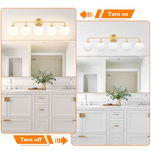Image of Modern Brushed Brass 5-Lights Bathroom Vanity Light, Lighting Fixtures Over Mirror with Milky White Glass Ball Shades, Wall Sconces for Bathroom Dressing Table Bedroom