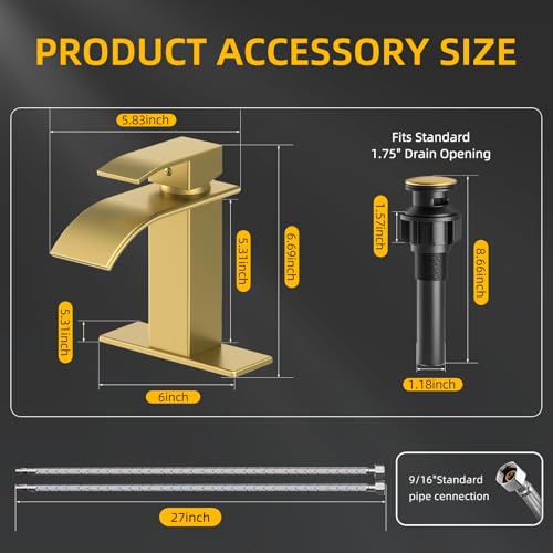 Image of Ryuwanku Waterfall Bathroom Faucet, Brushed Gold Stainless Steel, 1-Handle