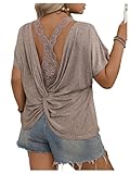BEAUDRM Women's Plus Size Lace Twist Shirts Backless Oversized T Shirt Short Sleeve Scoop Neck Summer Tee Tops Apricot X-Large Plus