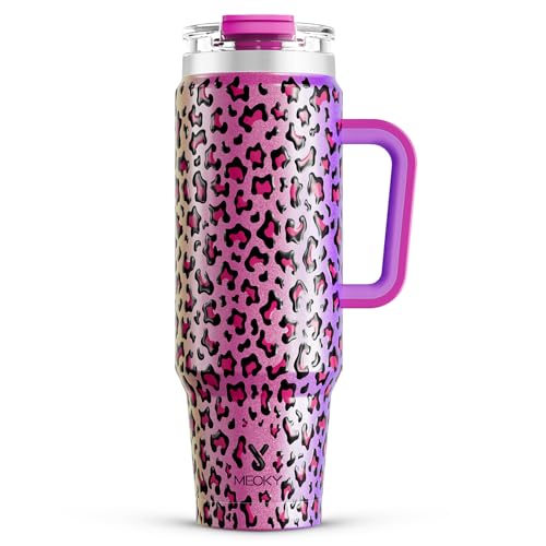 Image of Meoky 40 oz Tumbler with Handle and Straw, Insulated Tumbler with Lid and Straw, Stainless Steel Travel Mug, Keeps Cold for 34 Hours, 100% Leak Proof, Fits in Car Cup Holder (Celebration)