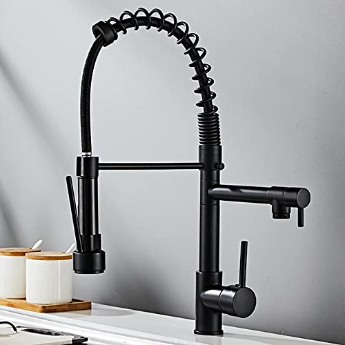 Robinet d'évier de cuisine noir et chrome avec ressort extractible