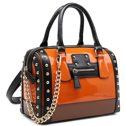 Dasein Womens Barrel Bag Shiny Patent Faux Leather Handbag with Rivet Decoration Top Handle Satchel Shoulder Purse (Small Orange)