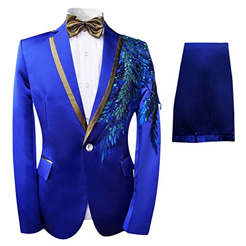 Mens 2 Piece Sequin Slim Fit Dress Suit One Button Floral Dinner Jacket & Pants