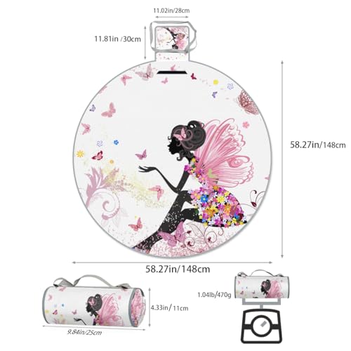 Shimoshe Butterfly Flower Dress Girl Picnic Outdoor Blanket Foldable Waterproof Sandproof Beach Blanket Portable Water-Resistant Round Picnic Mat for Travel Camping Park Lawn