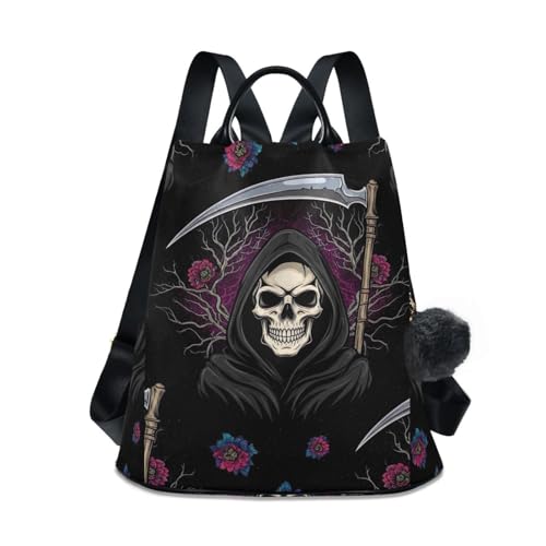 Mochila negra con diseño de calaveras góticas y flores para mujer