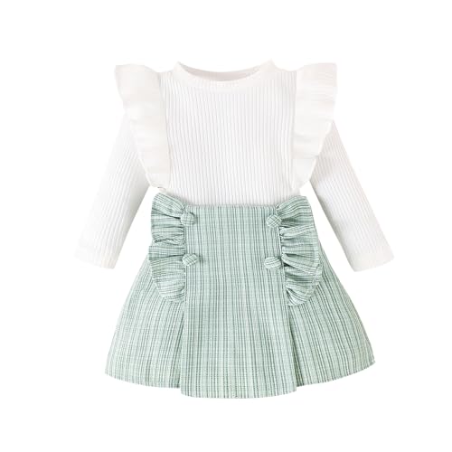 Kids Toddler Girl Fall Clothes Baby Crew Neck Solid Knitted Pullover Top A-Line Button Plaid Skirt Dress 2Pcs Oufits