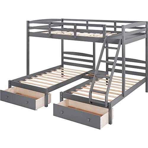 Wood Triple Bunk Bed,Triple Bunk Bed, Full Over Twin & Twin Bunk Bed With Drawers,Frame With Guardrails And Ladder For Kids, Teens, Adults, Space-Saving Design (Gray With Drawers) #TOP7