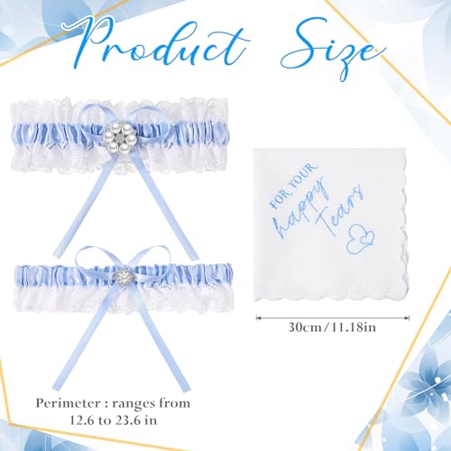 3 Pcs Bride Blue Garter Wedding Gift Includes 2 Pcs Blue Wedding Garters for Bride and 1 Piece for Your Happy Tears Handkerchief for Daughter Women2