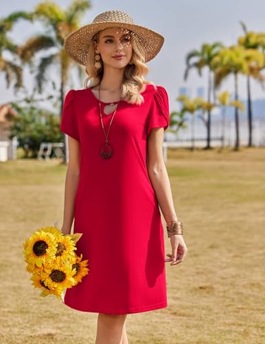 Zeagoo Vestido casual acampanado para mujer, con bolsillos, para verano, playa, floral, vestido camiseta, manga corta, vestidos de verano fluidos, tallas S-XXL, rosso, M