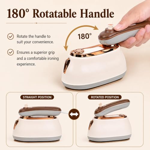 Image of Portable Mini Steam Iron for Clothes 1000W | Handheld Garment Steamer | Rotatable Handle with Ceramic Soleplate | Compact Travel Iron with 160ML Water Tank | Protective Waterproof Insulation Mat