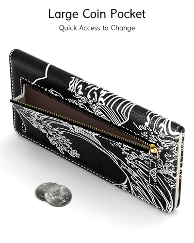 Image of Nipichsha Womens Wallet, RFID Slim Wallets for Women, Thin Ladies Credit Card Holder Purse, Cute Leather Bifold Clutch Billfold with 11 Card Slots & ID Window, Night Ocean