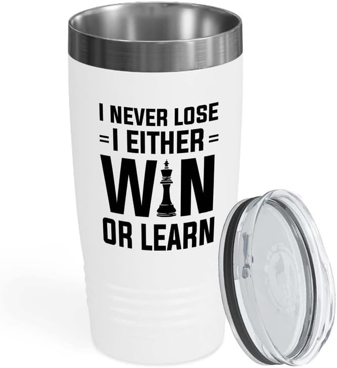 Vaso de ajedrez edición blanca de 20 onzas - I Never Lose - Regalo divertido para ajedrez, atleta, instructor, deportista, pensamiento lógico, juego