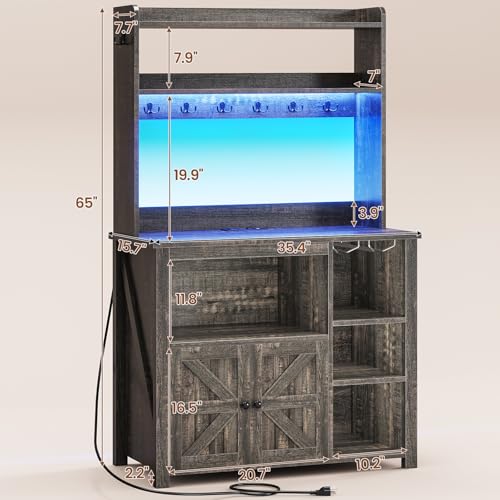 Itaar Coffee Bar Cabinet, Bakers Rack with Power Outlet and Storage, Farmhouse Microwave Stand Kitchen Cabinet with Hutch, LED Lights, Wine Glass Holder and 8 Hooks (Grey)