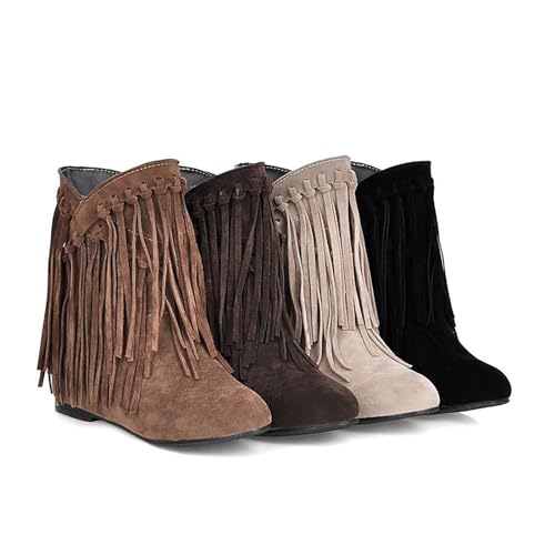 Women's Tassels Suede Mid Calf Boots,Retro Pointed Toe Inner Heightening Slip-on Ankle Boots Hidden Mid Heel Shoes Outdoor Cowgirls Low Heel Boots3