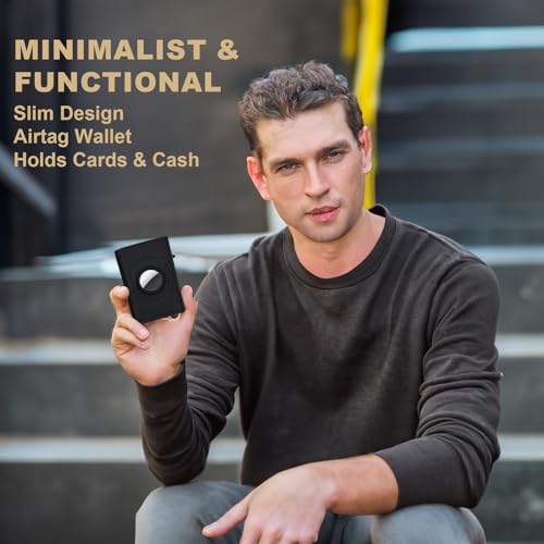 Image of Mens Pop Up Wallet for AirTag: Premium Genuine Leather, RFID Blocking, Smart, Minimalist, 9-14 Card Capacity, ID Window, Cash Slot (Carbon Fiber 2)