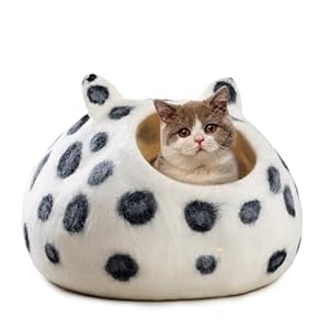 Wool Cat Cave Bed – Extra Warm, Handcrafted, Eco-Friendly Felt Cat Cave for Indoor Cats and Kittens (White Polka) by Woolygon
