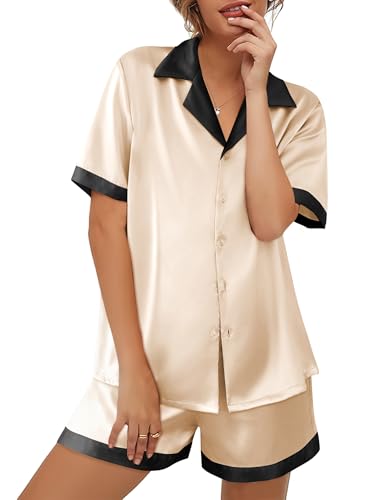Image of Ekouaer Womens Silk Satin Pajama Set Short Sleeve PJs 2 Piece Button Down Top and Shorts Notch Collar Sleepwear Sets Soft Pjs