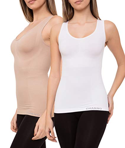 Pack de 2 Camisetas Interiores Reductoras con Tirantes Anchos sin Relleno Cómodas y Elásticas Seamless Sin Costuras (Beige Blanco, M/L)