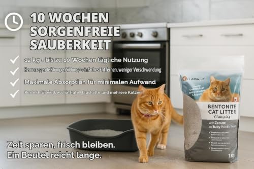 Flamingo Katzenstreu - katzenstreu klumpstreu - Babypuder-Duft - 12L (12KG) für 10 Wochen - Herkunft Kanada - Blauer Zeolith für ultraschnelle Geruchskontroll - Ideal für 1 oder mehrere Katzen